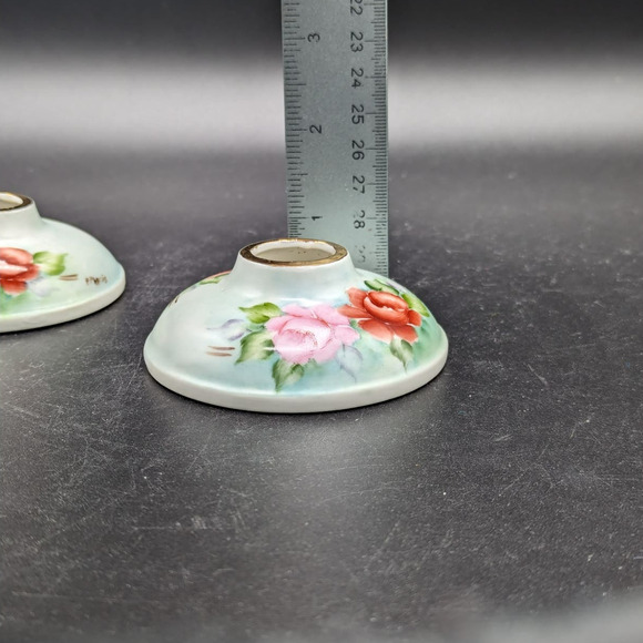 Vintage Porcelain Hand Painted Red And Pink Roses Candlestick Holders Signed - Picture 15 of 16